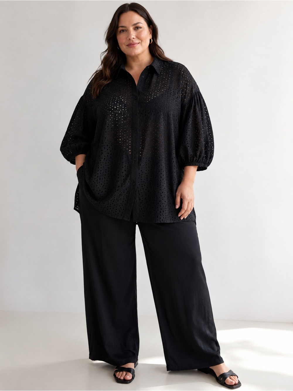 WRAY Black Cotton Eyelet Oversized Button Front Tunic Shirt 4XL